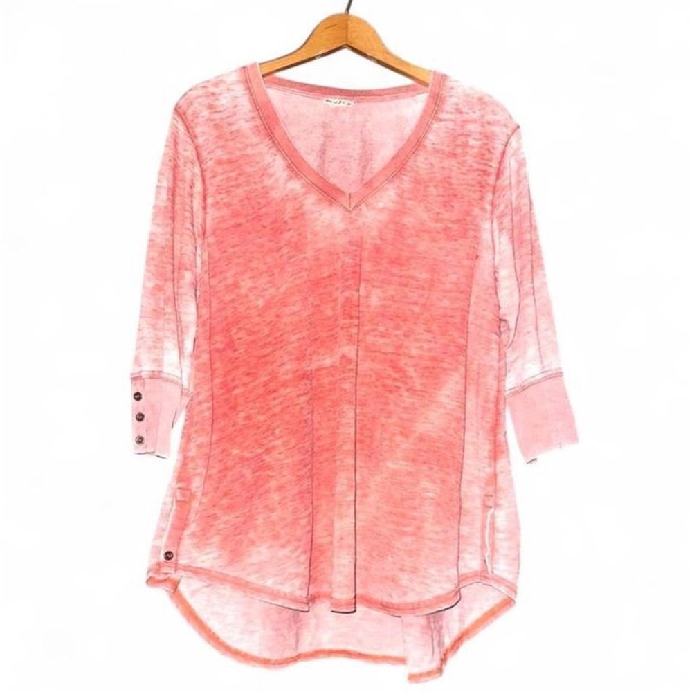 Jane & Delancey Top V-Neck Acid Wash Neon Coral Orange Red Button Hem Detail 1X